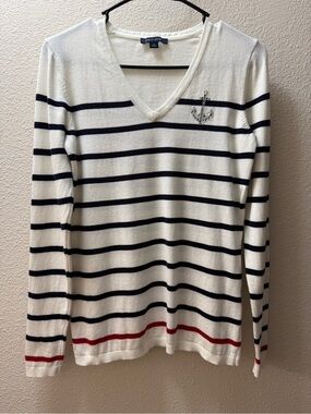 Tommy Hilfiger Sweater S White Navy Striped Anchor Rhinestone V-Neck Cotton Knit